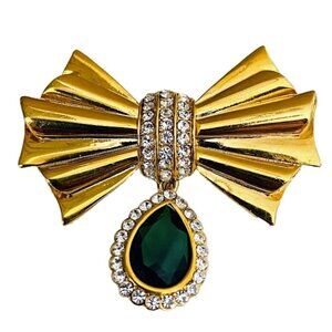 Vintage 2004 Avon Gold-Tone Bow Brooch With Green Teardrop Gemstone & Rhinestone
